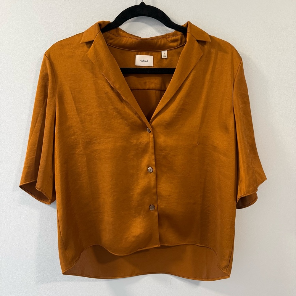 Aritzia Rust Orange Satin Button-Down Blouse